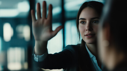A woman uses her hand to communicate with a colleague in a modern office during a productive brainstorming session