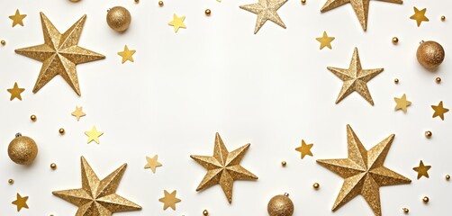 Gold star ornaments on white background. Festive glitter Christmas decorations, New Year concept. Winter holiday, celebration design. Minimalist, flat lay style.