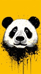 Black and White Panda Bear on Yellow Background. Generative AI.