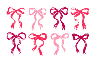 Bow ribbon vector. Pink gift bows icon set. Cute tie. Girly crayon graphic. Vintage present ribbon for Christmas, Birthday. Cute red pink simple drawing. Set of butterfly. Chalk silhouette illustratio