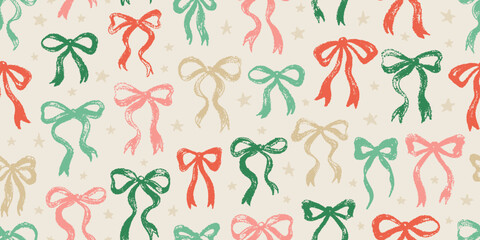 Bow pattern. Christmas seamless vintage ribbon vector illustration. Gift drawing, cute present crayon design. Colorful doodle hand drawn bow pattern. Seamless ribbon print background. Pink silhouette