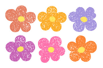Crayon flower. Chalk pastel child drawing flower. Kid crayon pencil. Color spring daisy. Doodle hand drawn vector. Cute art, childish floral pattern background. Wax pastel sketch. Baby spring vector