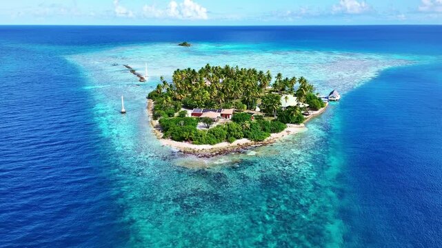 Drone Rangiroa atoll. Aerial view Tuamotu islands in French Polynesia. Tropical beach, palm trees and clear ocean water. Exotic travel destination for honeymoon, cruise, snorkeling and scuba diving. 