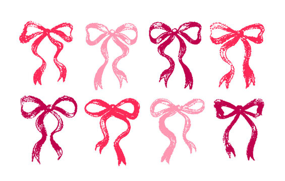 Bow ribbon vector. Pink gift bows icon set. Cute tie. Girly crayon graphic. Vintage present ribbon for Christmas, Birthday. Cute red pink simple drawing. Set of butterfly. Chalk silhouette illustratio