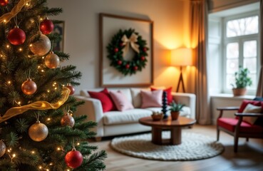 Christmas tree with ornaments, lights, garland stands in front of blurred living room interior. Cozy fireplace, decorated sofa, table with decor create festive atmosphere for holiday season. Winter