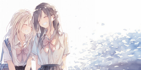 仲良し２人の女の子。イラスト。水彩画