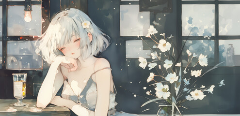 Obraz premium お酒を嗜む女の子。イラスト。水彩画