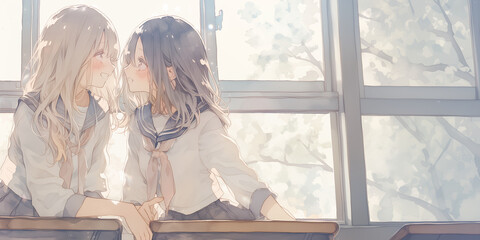 仲良し２人の女の子。イラスト。水彩画