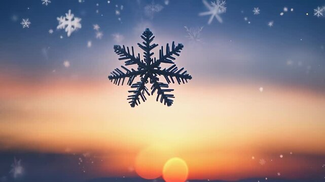 A snowflake is flying in the air above a sunset. The snowflake is white and has a pointed tip