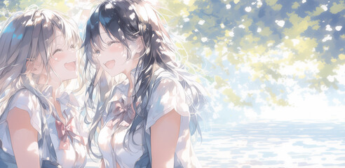 仲良し2人の女の子。水彩画イラスト