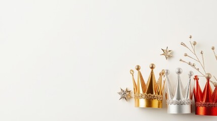 Fototapeta premium Festive crowns of the Three Kings with stars on a white background, Epiphany celebration.