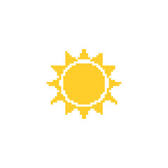 Pixelated sun illustration. Simple pixel art of a yellow sun with rays extending outward.