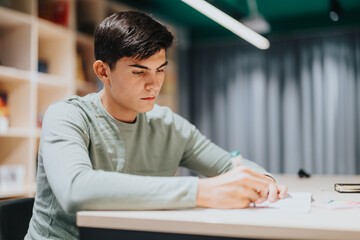 Fototapeta premium A high school student in a green shirt is focused on writing notes during a class. The background features shelves and curtains indicating a classroom environment, emphasizing concentration and