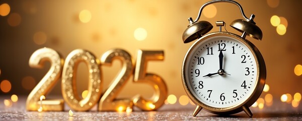 Golden alarm clock shows midnight on New Year Eve with blurred festive lights. 2025 figures on sparkling background. New year concept, countdown to celebration.