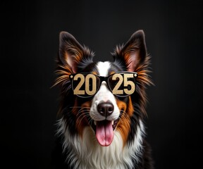 Fototapeta premium Border Collie dog wears funny party glasses with numbers 2025 on black background. Pet smiles, peeks, celebrates New Year. Festive costume, canine mascot, happy holiday.