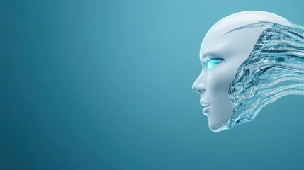 Obraz premium Digital human-like robot face with circuits extending from the back on a blue gradient background.