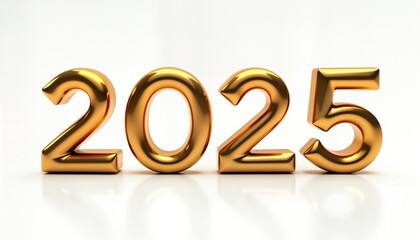 Golden 3d number 2025 on white background. Festive, new year, holiday, celebration design. Shiny, realistic, modern, elegant, graphic, illustration. Perfect for cards, posters, banners, web, social