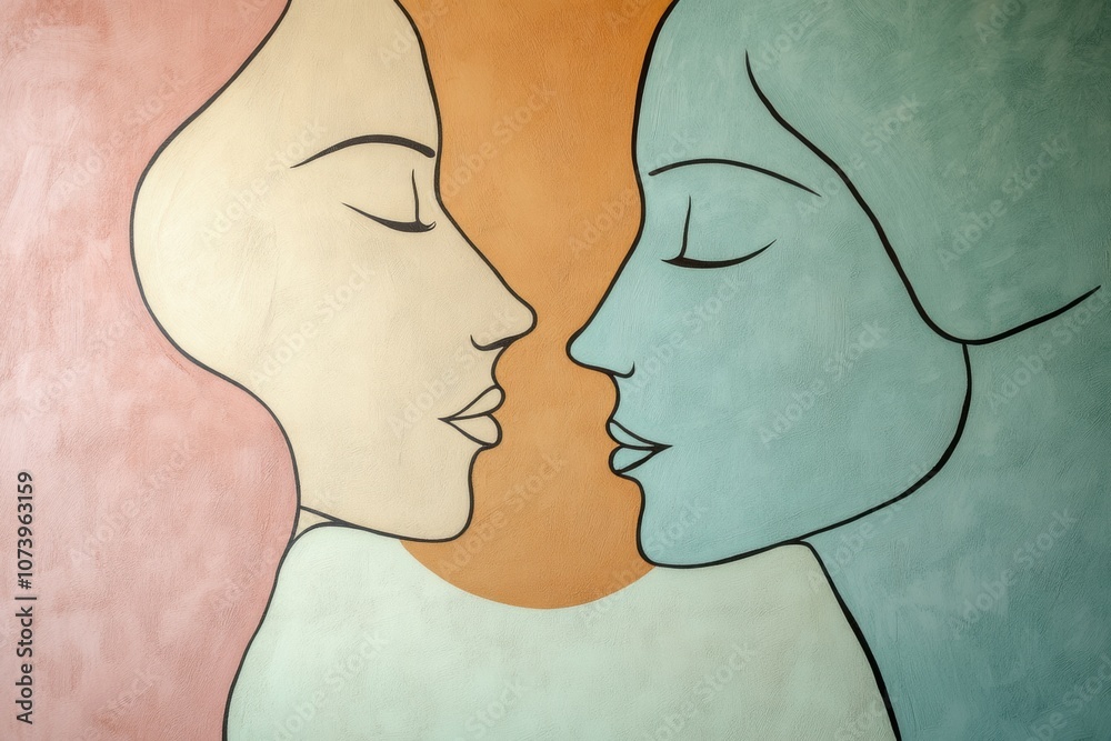 Poster Silhouettes of two faces in soft pastel colors illustrate the essence of communication and empathy, fostering a sense of connection. Generative AI