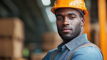 Confident Construction Worker in Hard Hat Standing in Warehouse with Arms Crossed