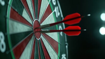 Dartboard with two red darts hitting bullseye in close-up.