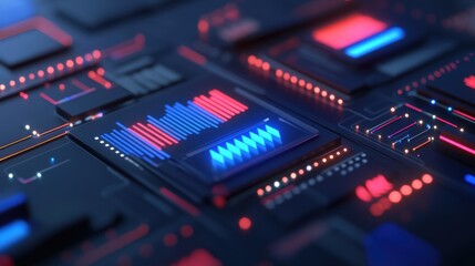 Obraz premium Abstract digital circuit board with illuminated elements in red and blue colors. Technology and data processing concept.