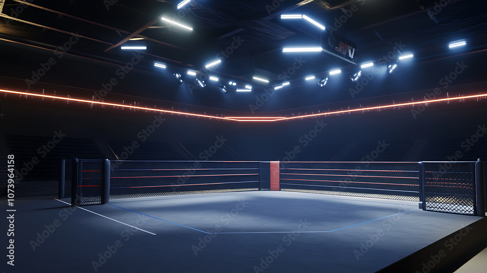 Aufkleber 3D rendering of an empty MMA arena viewed from the side, featuring complete stands under lighting