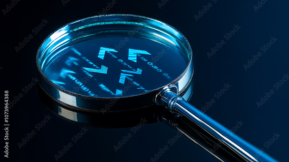 Poster a blue magnifying glass with arrows pointing upwards, symbolizing data analysis and growth in busine