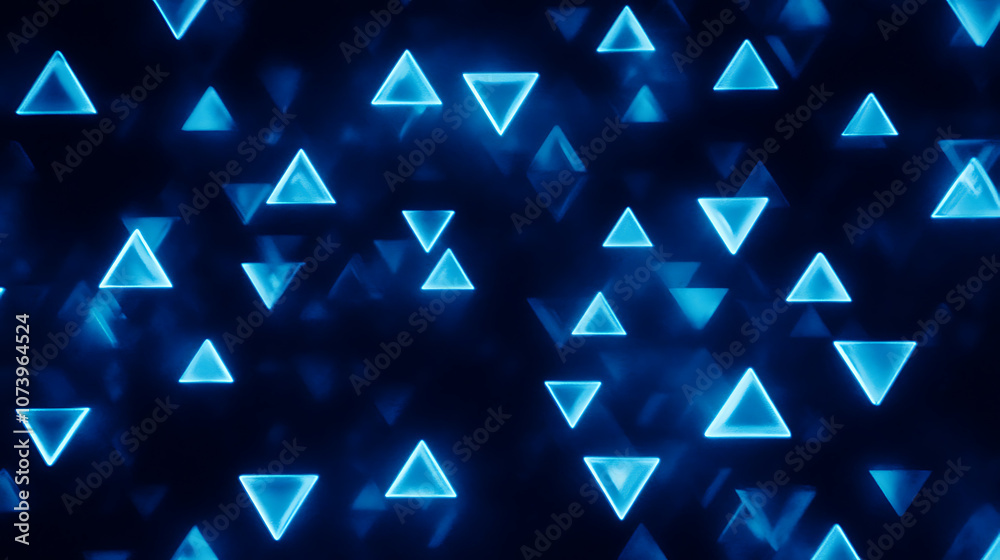 Aufkleber a dark blue background with many small triangles of different sizes, all glowing in light blue neon 