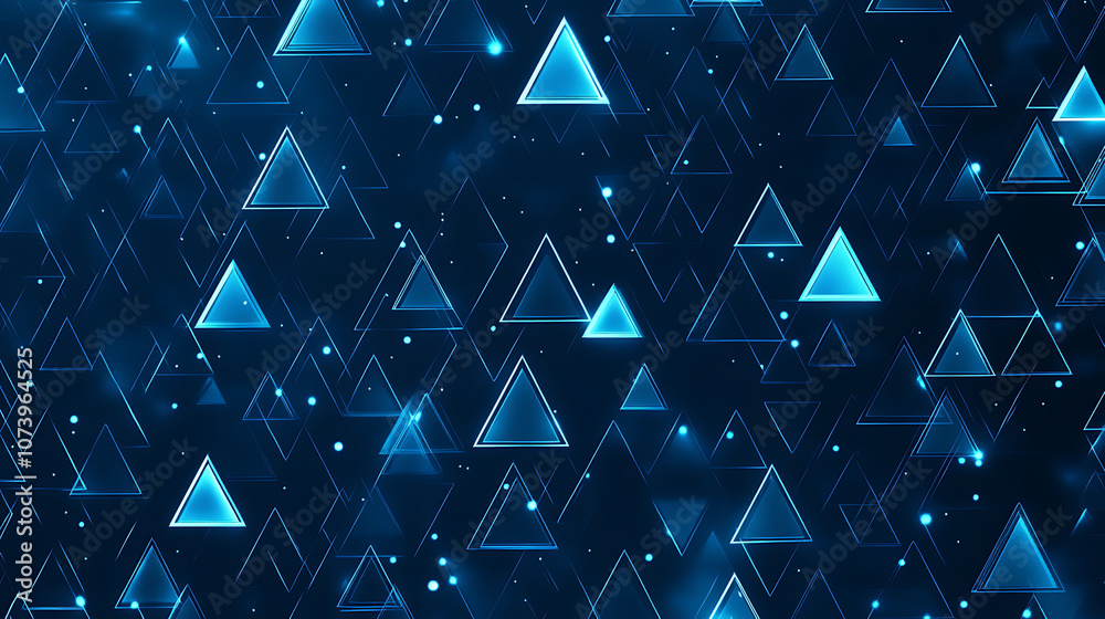 Poster a dark blue background with many small triangles of different sizes, all glowing in light blue neon 