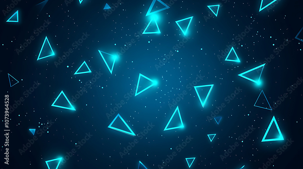 Poster A dark blue background with many small triangles of different sizes, all glowing in light blue neon color