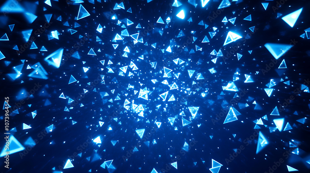 Poster a dark blue background with many small triangles of different sizes, all glowing in light blue neon 