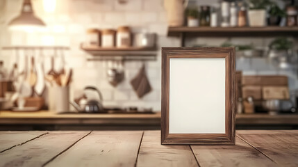 Empty picture frame on wooden table with blurred rustic kitchen background. Rustic. Illustration