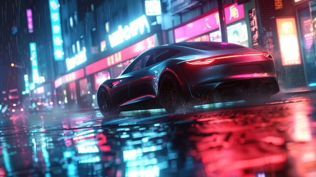 Luxurious Electric Sedan in Neon-Lit Rainy Cityscape for Modern Urban Design Art