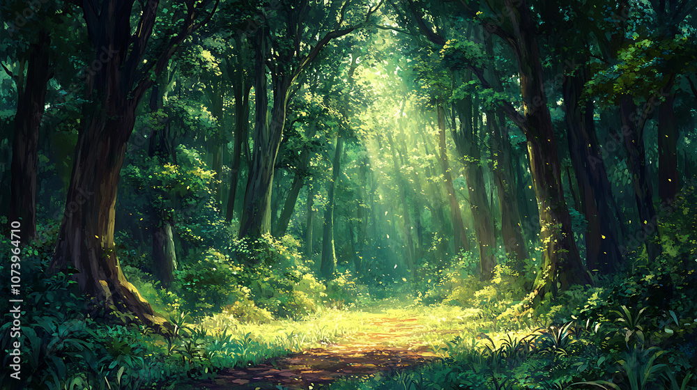 Poster a lush green forest with tall trees and sunlight filtering through the leaves, creating dappled ligh