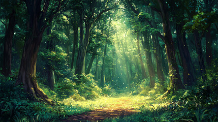 A lush green forest with tall trees and sunlight filtering through the leaves, creating dappled light on the ground