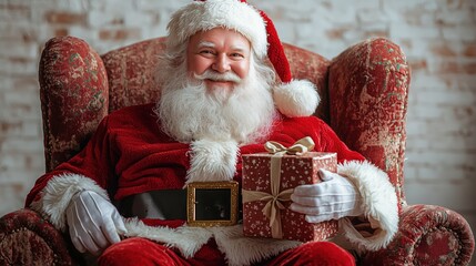 Santa Claus Sitting in a Comfy Chair Holding a Gift with a Cheerful Smile in a Cozy Holiday Setting