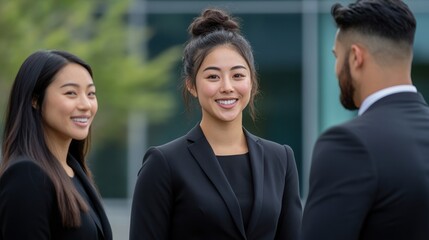 Business professionals interacting outdoors in formal attire. Group of young people in black suits having a conversation