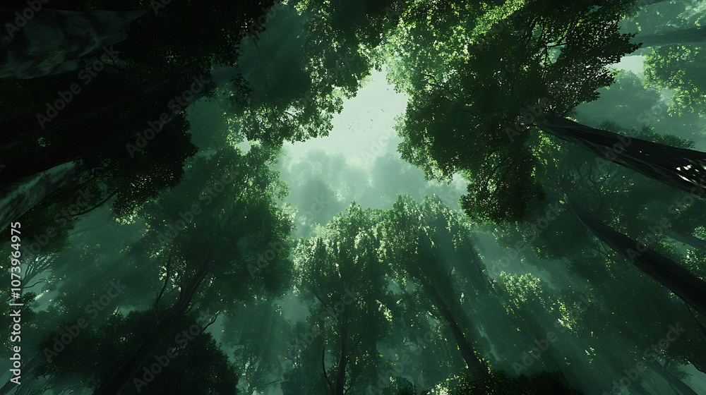Poster a panoramic view of the canopy from below, showcasing tall trees with lush green leaves that form an