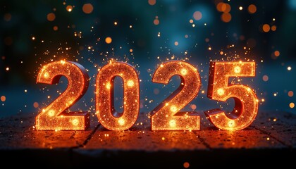 Sparkling number 2025 on dark background. New year eve design element. Celebration, holiday, party, countdown, event, new year, golden, festive, festive decor, happy new year, glitter, lights, glow,
