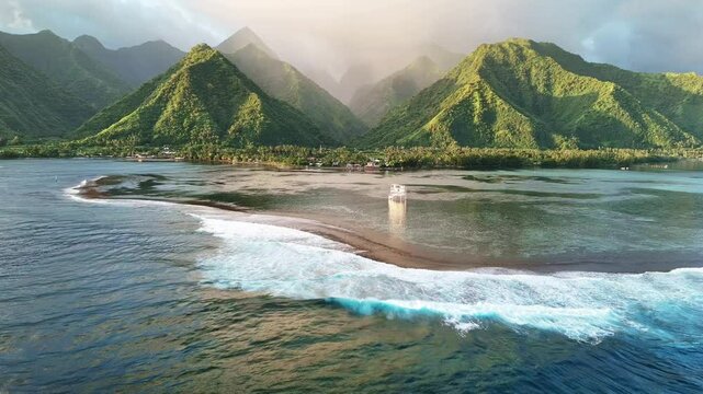 Drone Tahiti. tropical island lagoon, coastal mountains. Aerial view of French Polynesia. Teahupoo is a famous surfing destination near Papeete. Adventure travel. 