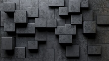 Abstract 3D geometric composition with dark concrete blocks in a staggered layout