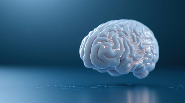 Floating white brain model with circuit lines on blue background. Artificial intelligence and neural network concept