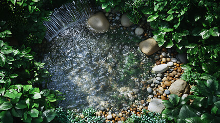 A tranquil stream with pebbles and rocks seen from above The water is crystal clear and reflects lush greenery on both sides of it small waterfall can be seen at one end