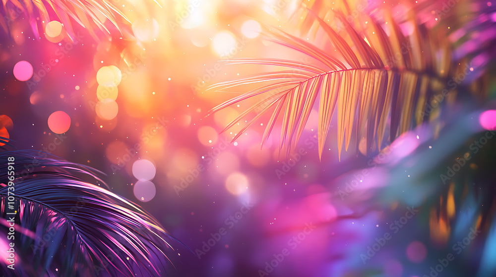 Poster a vibrant holographic image of palm trees swaying in the breeze, with a backdrop of a sunny sky and 