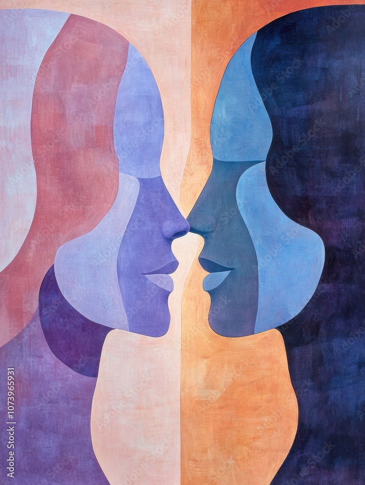Fototapete Pastel silhouettes of two faces create a visual representation of communication and empathy, highlighting the connection between individuals. Generative AI
