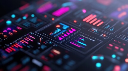 Digital data analytics dashboard interface with colorful charts and graphs on dark background.
