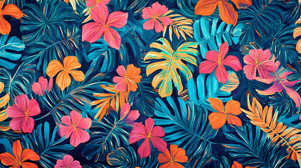 A vibrant pattern of tropical leaves and flowers in pink, teal blue, orange and hot red colors The cute and playful design