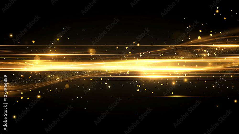 Poster Abstract golden light stripes background with lines and glowing dots on a black background