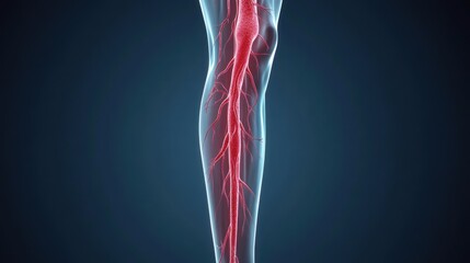3D rendering of human leg anatomy with visible blood vessels highlighted in red on a dark background