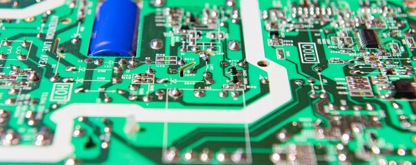 Circuit board with electrons. Motherboard. Electronic circuit board close up. Electronic computer hardware technology. Motherboard digital chip. Tech service.